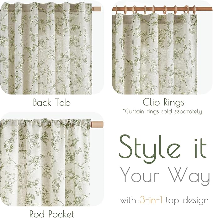 Lazzzy Linen Farmhouse Curtains Green Floral Curtains 63 Inch Length Back Tab Drapes for Living Room Bedroom Light Filtering Country Vintage Rod Pocket Curtain, 2 Panels, Green on Beige