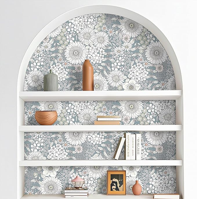 Livelynine Light Blue Floral Wallpaper Peel and Stick Boho Vintage Blue and White Prepasted Wallpaper for Bathroom Bedroom Removable Flower Contact Paper Vinyl Botanical Floral Shelf Liner 17.5x78.8