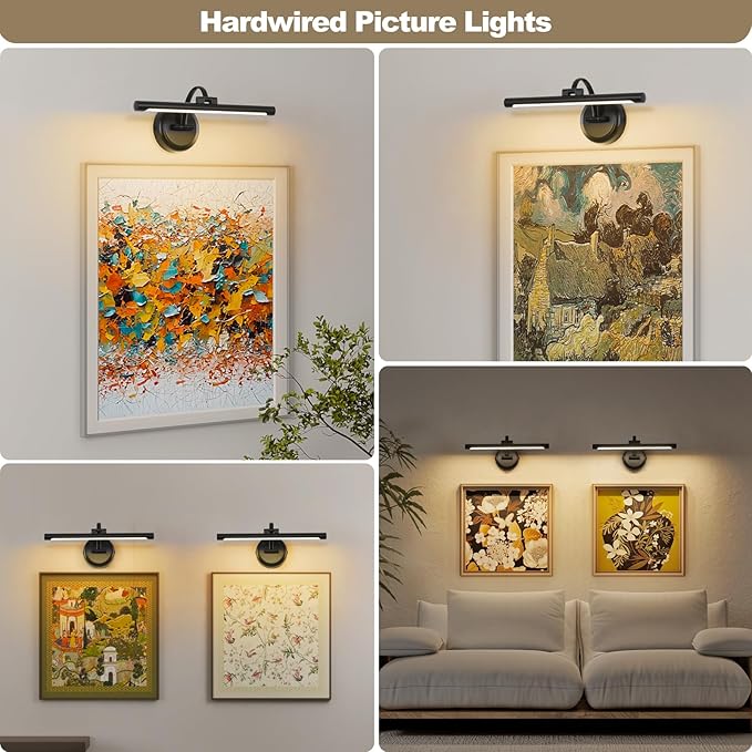 Black Picture Lights for Paintings Hardwired LED Wall Art Lighting 15.75" Dimmable Full Metal Gallery Light Modern Portrait Artwork Picture Frame Light with Single Swing Arm, 9W, 2700K, Warm White