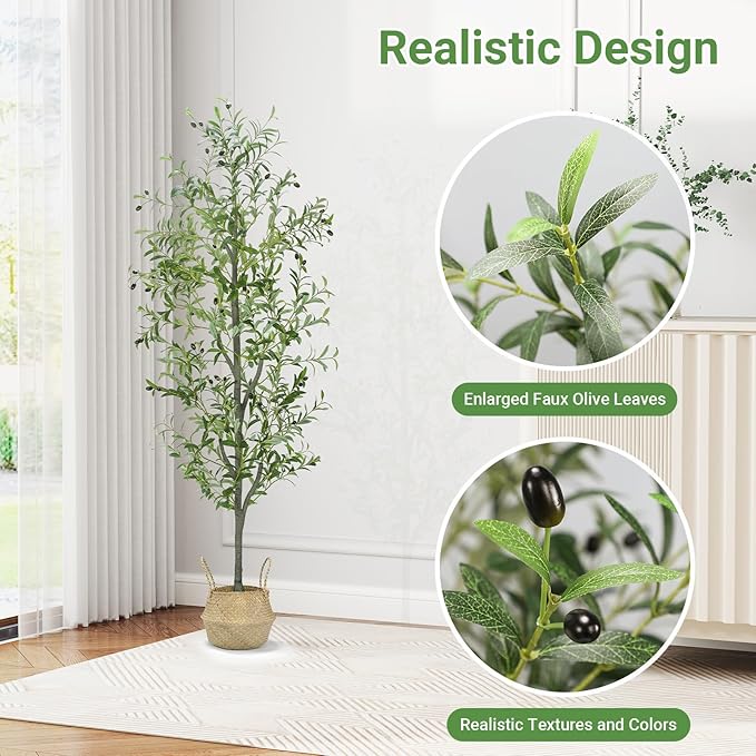 Faux Olive Tree 6FT Silk Plant Artificial Indoor, 6 FT Fake Potted Olive with Wicker Basket Planter, Tall Artificial Olive Trees with Natural Wood Trunk & Fruits for Home Office, 6 Feet (72")