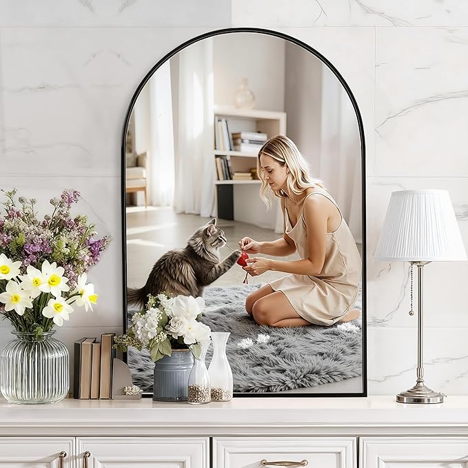 Arched Wall Mirror 24"X36", Black Bathroom Vanity Mirrors for Over Sink, Modern Farmhouse Mirror Wall Mounted, Curved Arch Design for Bedroom, Living Room & Home Decor