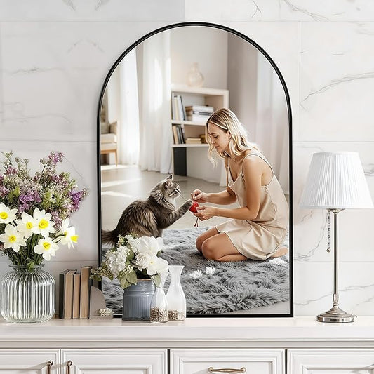 Arched Wall Mirror 24"X36", Black Bathroom Vanity Mirrors for Over Sink, Modern Farmhouse Mirror Wall Mounted, Curved Arch Design for Bedroom, Living Room & Home Decor