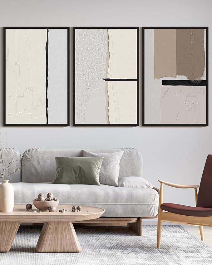 KUVIOKE Neutral Abstract Framed Wall Art Beige Mid Century Textured Wall Decor Minimalist Modern Illustrations Art Print Home Decor 24x36in (Black Framed)