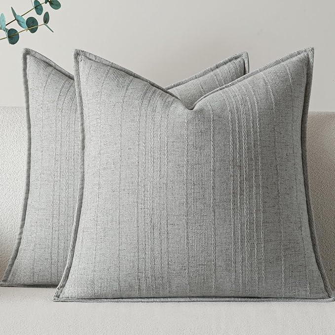 a moment Linen Pillow Covers Set of 2,Boho Farmhouse Throw Pillowcases Neutral Textured Decorative Covers for Couch Sofa Bed, Soft Linen Blend Accent Case Cushion Home Decor 20"x20"Light Grey
