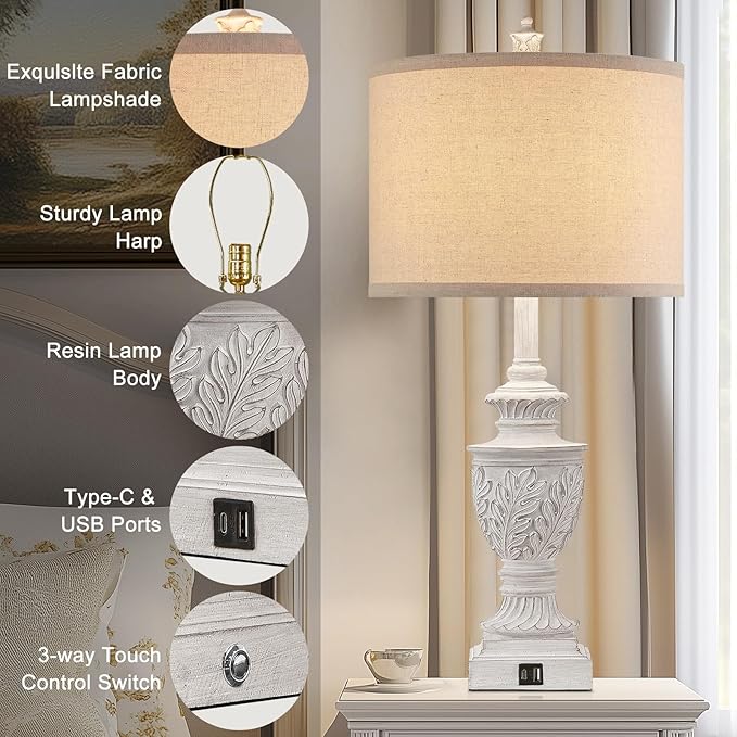 Farmhouse 3-Way Dimmable Touch Table Lamp Set of 2 for Bedroom Living Room with USB A+C Charging Ports 28" Tall Rustic Traditional Nightstand Bedside Lamps White End Table Lamp (2 Bulbs Included)