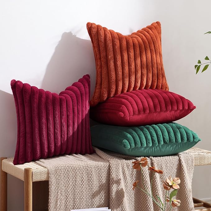 decorUhome Faux Fur Christmas Throw Pillow Covers 20x20 Set of 2, Decorative Soft Plush Striped Neutral Couch Euro Pillow Covers with Velvet Back for Sofa, Bed, Living Room Home Decor, Burgundy