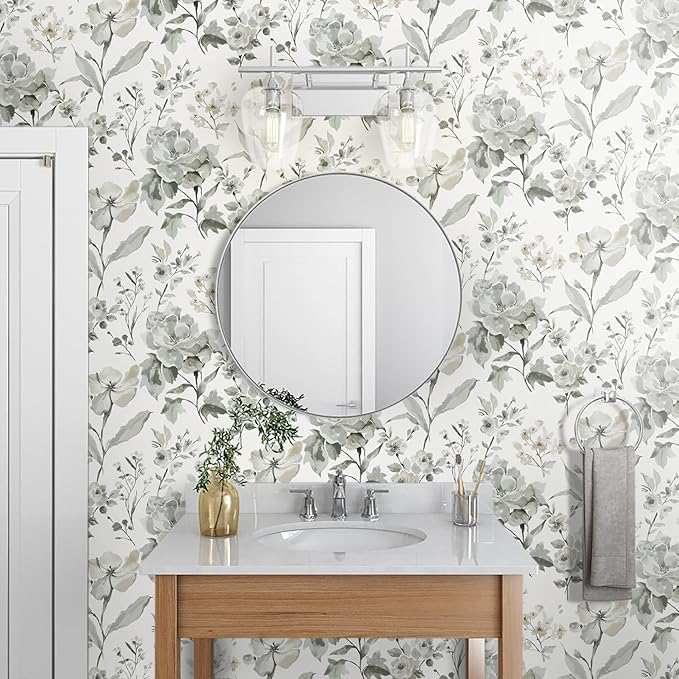 Vinjiasin Wallpaper Peel and Stick Black and White Ink Floral Contact Paper Vintage Flower Leaf Wall Paper for Bathroom Bedroom Self Adhesive Removable 16.1"x 118"