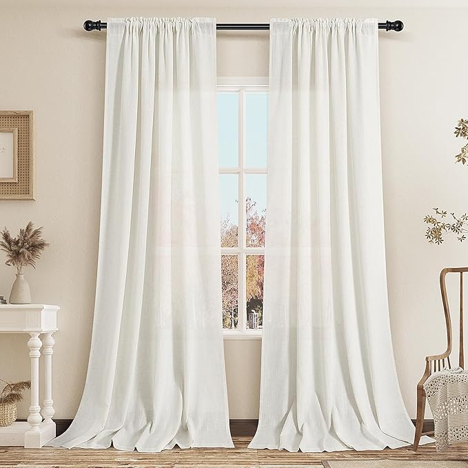 Guken Natural Linen Curtains 94 Inch Length for Living Room Bedroom 2 Panels Set Rod Pocket Light Filtering Semi Sheer Window Curtains 52 Inch Width Boho Farmhouse Linen Drapes Cream Ivory, W52xL94