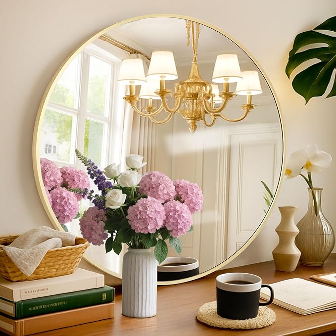 Gold Round Mirror 30 Inch Circle Mirror Bathroom Mirror Large Round Mirrors Brushed Metal Frame Anti-Rust Tempered Glass for Bathroom Bedroom Entryway Living Room