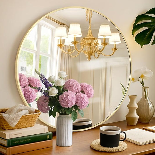 Gold Round Mirror 30 Inch Circle Mirror Bathroom Mirror Large Round Mirrors Brushed Metal Frame Anti-Rust Tempered Glass for Bathroom Bedroom Entryway Living Room