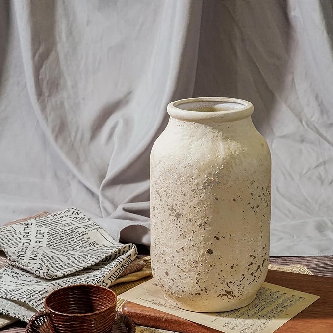 Farmhouse Rustic Vase, 9 Inch White Ceramic Vase for Home Decor Living Room Shelf Office Entryway Table Decor