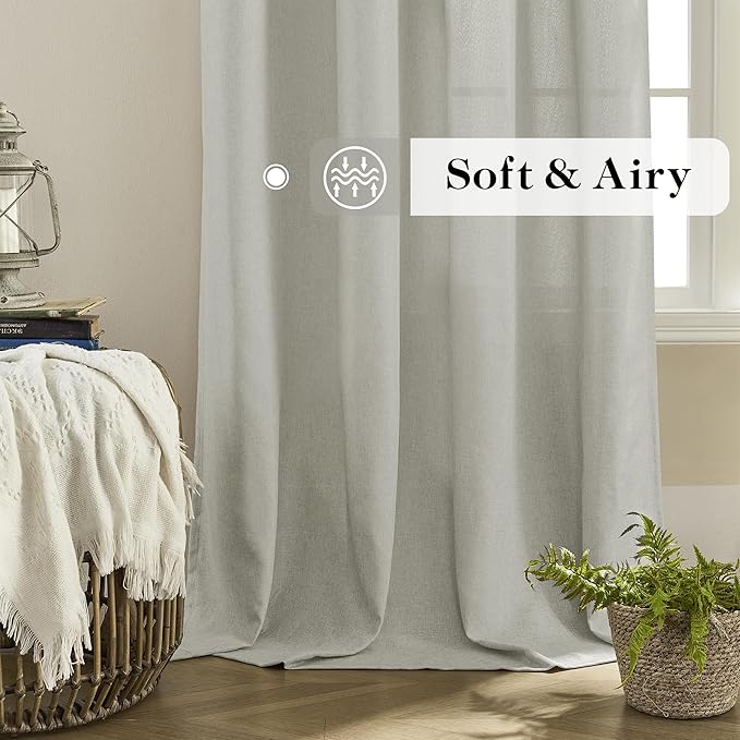 DONREN Light Grey Curtains 84 Inch Length for Living Room 2 Panel Back Tab Rod Pocket Drape Light Filtering Semi Sheer Linen Textured Curtain for Bedroom Modern Farmhouse Decor 50x84 Long