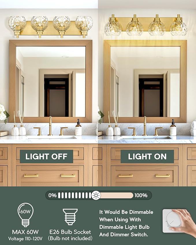 Bathroom Light Fixtures Over Mirror, 26" Brushed Gold Bathroom Vanity Light with Clear Hammered Glass Globe Shade, 4-Light Modern Sconces Wall Lighting, VL200-BG-CL-4