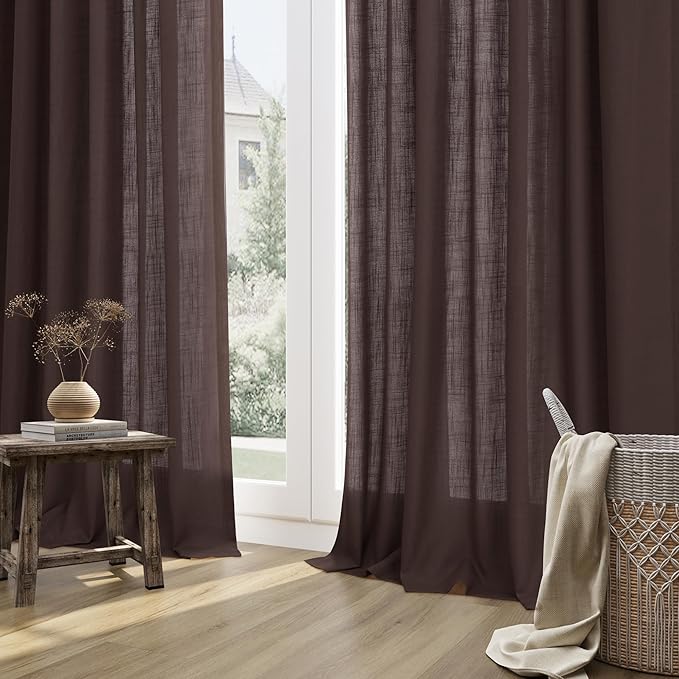 Guken Coffee Linen Curtains 84 Inch Length for Living Room Bedroom 2 Panels Set Rod Pocket Light Filtering Semi Sheer Window Curtains 52 Inch Width Boho Farmhouse Linen Drapes, W52xL84
