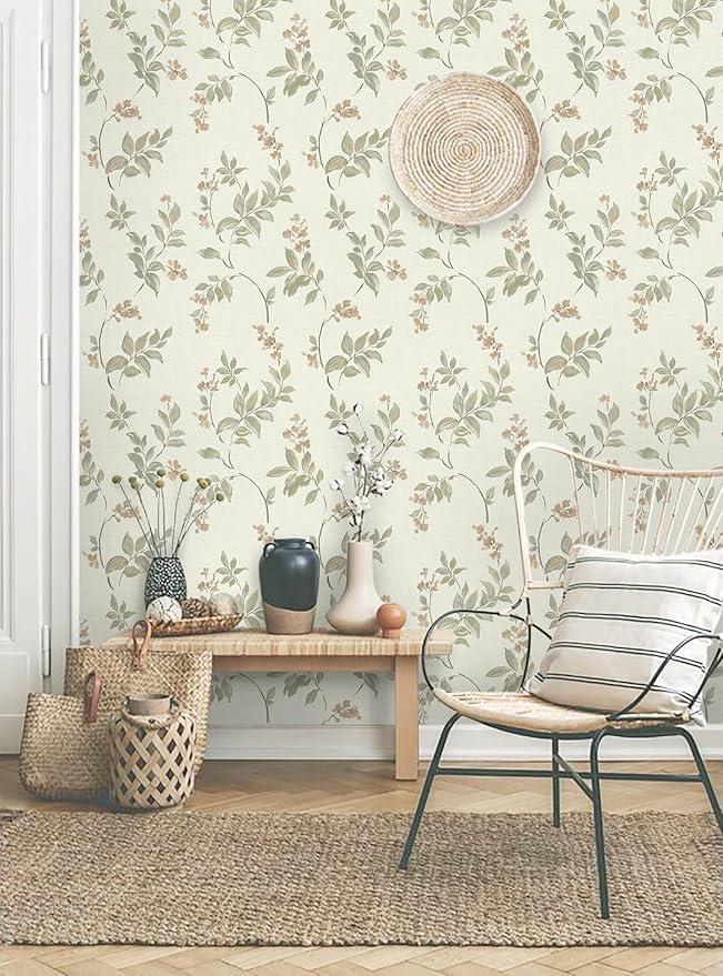 Vinjiasin Peel and Stick Wallpaper Beige Floral Contact Paper Vintage Flower Leaf Self Adhesive Removable Wall Paper for Bathroom Bedroom Livingroom 16.1"x 118"
