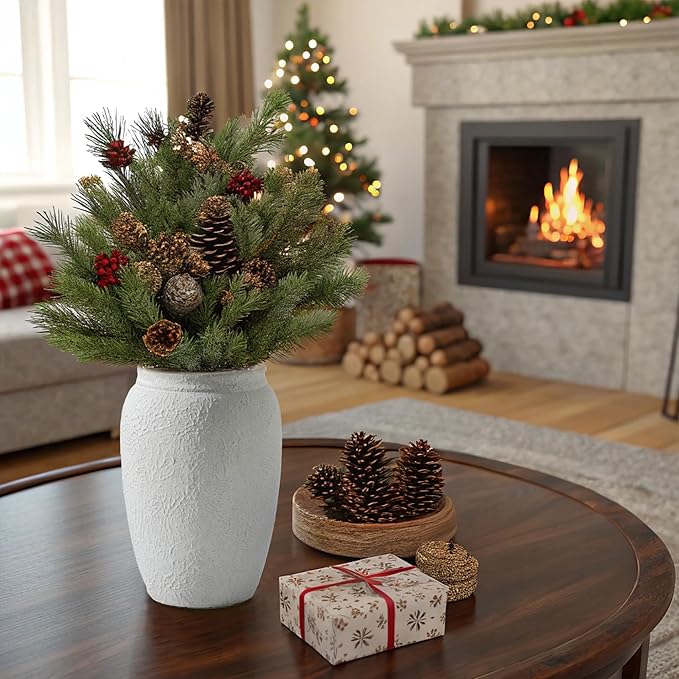 Ceramic Farmhouse Flower Vase, 8.2 Inch Terracotta Rustic Vase, Christmas Decorative Pottery Flower Vases for Living Room, Entryway, Table, Shelf Decor