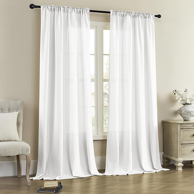 DONREN White Semi Sheer Curtains Linen Blend, Rod Pocket and Back Tab Linen Textured Semi Voile for Bedroom and Living Room, Light Filtering Privacy Window Treatments, W50 x L120, White, 2 Panels