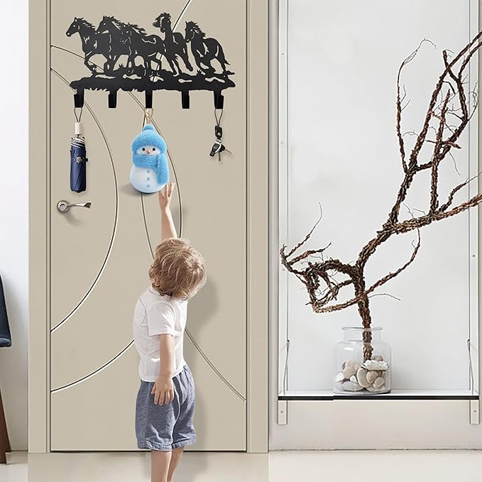 Metal Horse Coat Hooks Wall Art Decor-Horse Hangers and Key Holder-Clothes Rack and Backpack Hanger-Coat Hooks Home Decor for Storage, Living Room, Hallway, Office (Black)