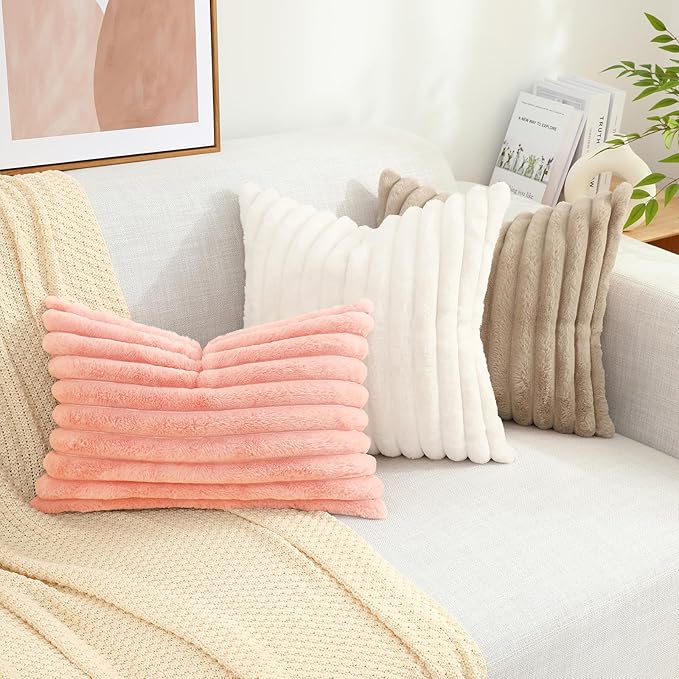 decorUhome Faux Fur Throw Pillow Covers 12x20 Set of 2, Decorative Soft Plush Striped Lumbar Neutral Couch Euro Pillow Covers with Velvet Back for Sofa, Bed, Living Room Home Decor, Blush Pink