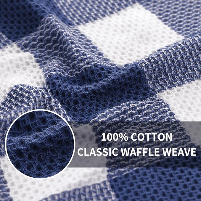 Homaxy 100% Cotton Waffle Weave Check Plaid Kitchen Towels, 13 x 28 Inches, Super Soft and Absorbent Dish Towels for Drying Dishes, 4-Pack, White & Navy Blue