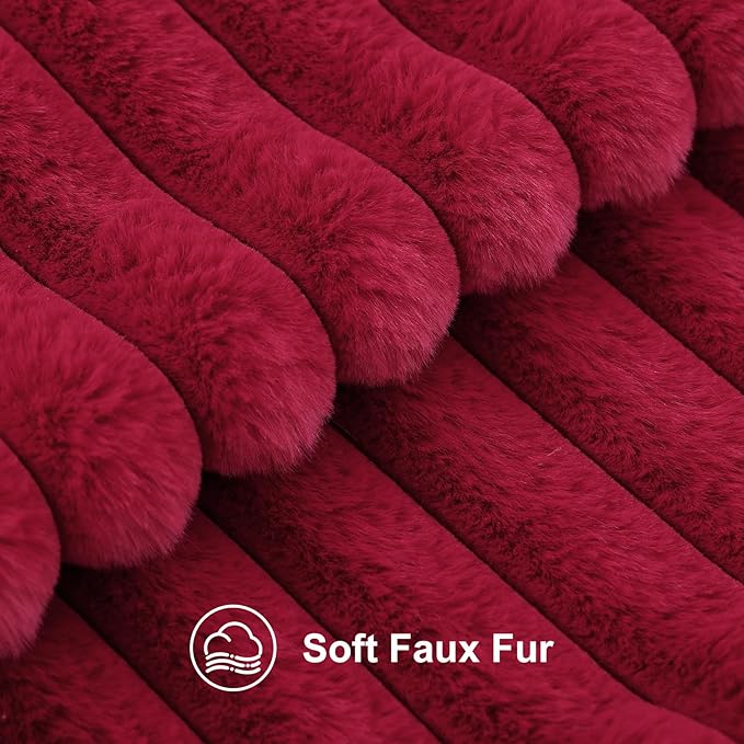 decorUhome Faux Fur Christmas Throw Pillow Covers 20x20 Set of 2, Decorative Soft Plush Striped Neutral Couch Euro Pillow Covers with Velvet Back for Sofa, Bed, Living Room Home Decor, Burgundy