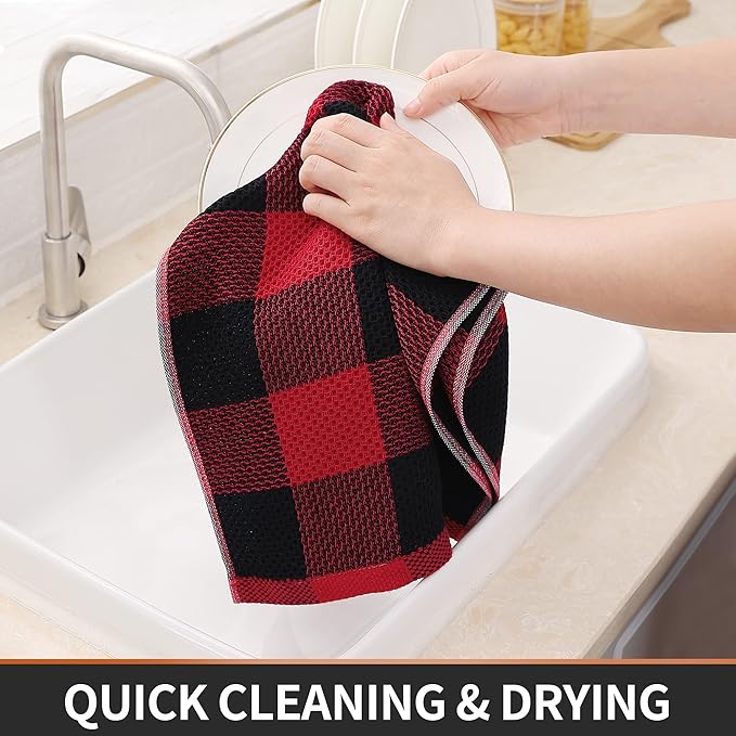 Homaxy 100% Cotton Waffle Weave Check Plaid Kitchen Towels, 13 x 28 Inches, Super Soft and Absorbent Dish Towels for Drying Dishes, 4-Pack, Black & Red