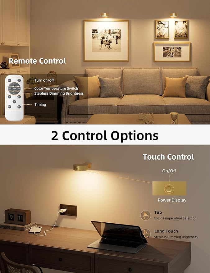 VOLISUN Picture Lights for Wall, 4000mAh Rechargeable Picture Light Battery Operated, 3 Color Temperatures Cordless Picture Light with Remote, Art Light for Painting, Gallery, Portrait, 3 Pack (Gold)