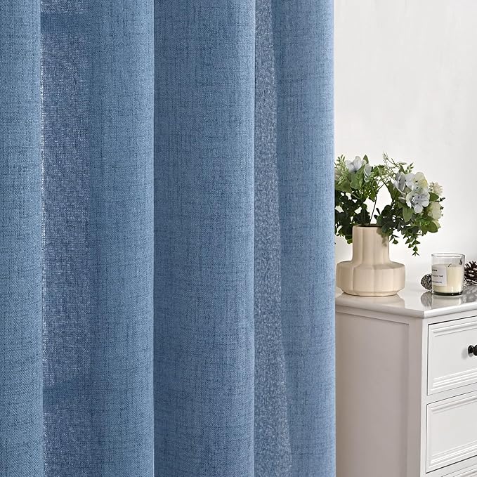 YoungsTex Denim Blue Linen Curtains 36 Inch Length for Kitchen Cafe Window, Small Half Window Drapes with Rod Pocket Back Tab Light Filtering for Bathroom, 2 Panels, 30 X 36 Inch