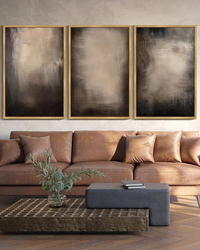 KUVIOKE Abstract Framed Wall Art Set Earthy in Deep Brown and Beige Tones Modern Art Decorative Home Decor 24x36in (Natural Framed)