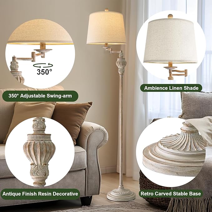 61" Vintage Floor Lamp with 350° Adjustable Swing Arm, Tall lamp Standing Lamp for Bedroom Living Room Bedside Nightstand Retro Farmhouse Mid Century Lamp Light Home Décor Office Gifts