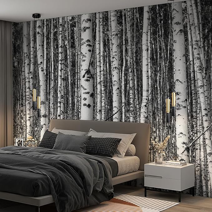 Large Black White Forest Murals 3D Peel and Stick Wallpaper Mural 148" Wx 98" H Nature Birch Trees Woodland Wall Mural Home Decor for Bedroom Livingroom Backdrop Wall Covering Poste