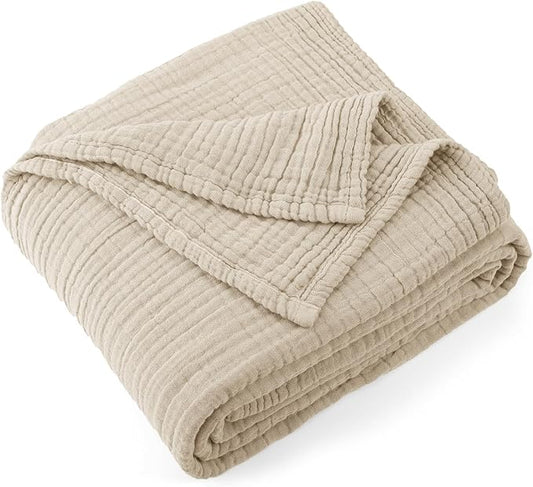 Carriediosa 100% Cotton Muslin Throw Blanket 50" X 70" Throw XL Size，4-Layers Summer Gauze Throws for Bed Couch，Soft Lightweight Breathable Linen Blankets Bedspread for Adults All Season，Khaki