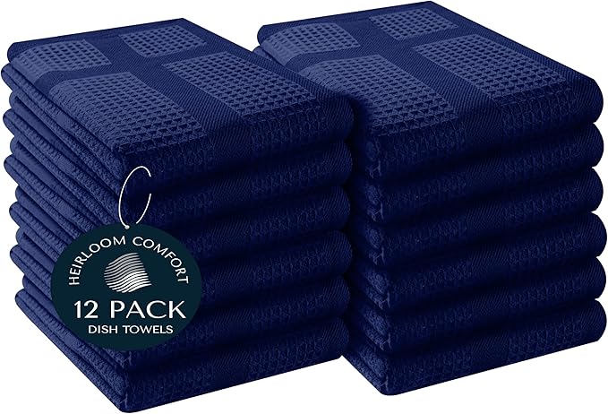 12 Pack Blue Waffle Weave Kitchen Towels, 16x26 Inches, 100% Cotton Dishcloth Set, Super Absorbent, Quick Dry, Soft Hand Towels for Drying Dishes, Cleaning, Durable, Indigo Blue