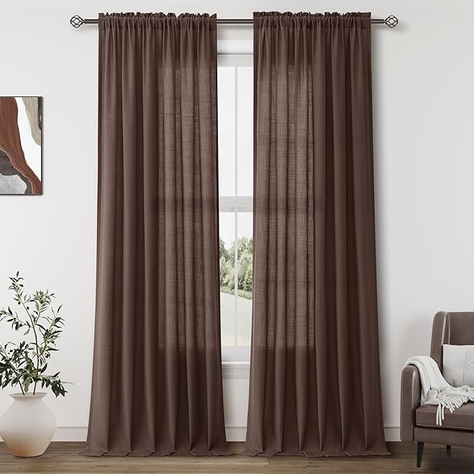 Guken Coffee Linen Curtains 84 Inch Length for Living Room Bedroom 2 Panels Set Rod Pocket Light Filtering Semi Sheer Window Curtains 52 Inch Width Boho Farmhouse Linen Drapes, W52xL84