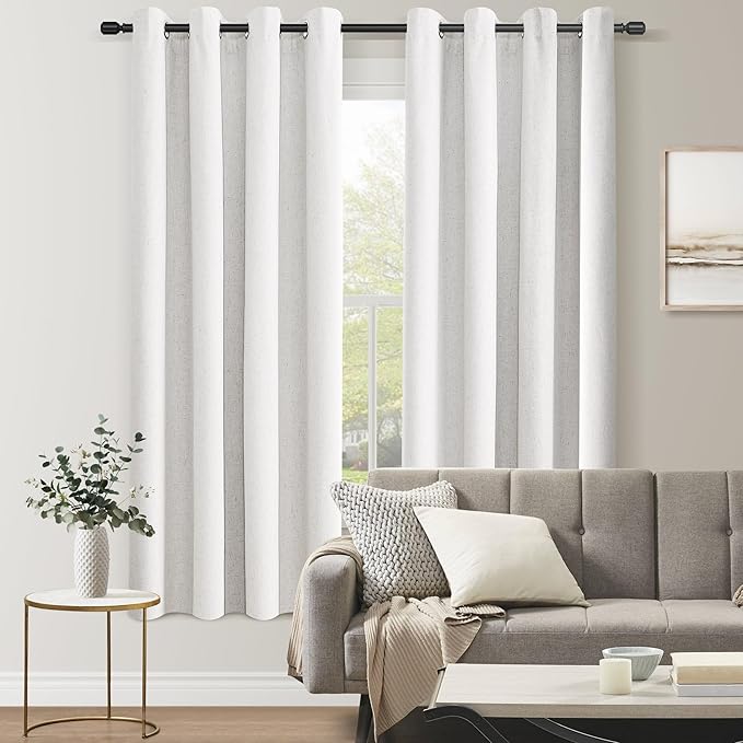 100% Blackout Linen Curtains for Bedroom Thermal Insulated Grommet Complete Blackout Drapes 72 Inch Length 2 Panels Set Heat Full Light Blocking Living Room Darkening Curtains Beige White 52Wx72L