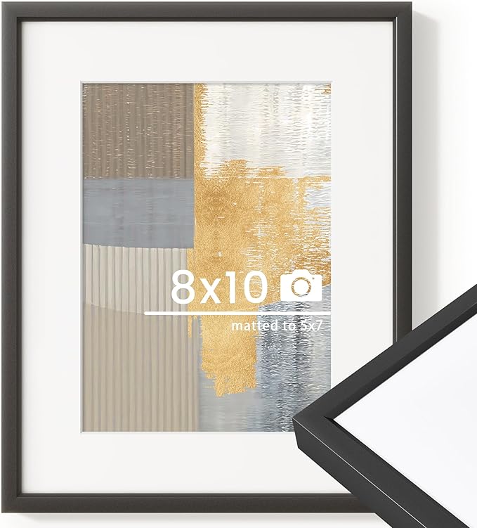 8x10 inch Metal Picture Frame - 8 x 10 Thin Aluminum Photo Frames with 5x7 Removable Mat - High Definition Plexiglass - Ideal for Wall or Tabletop Display - Wall Hook Hanging Hardware Included - Black, Set of 1