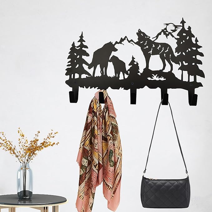 Metal Wolf Coat Hooks Wall Art Decor-Wolf Hangers and Key Holder-Clothes Rack and Backpack Hanger-Animal Theme Hooks Sweet Home Decor for Storage, Living Room, Hallway, Office (Black)