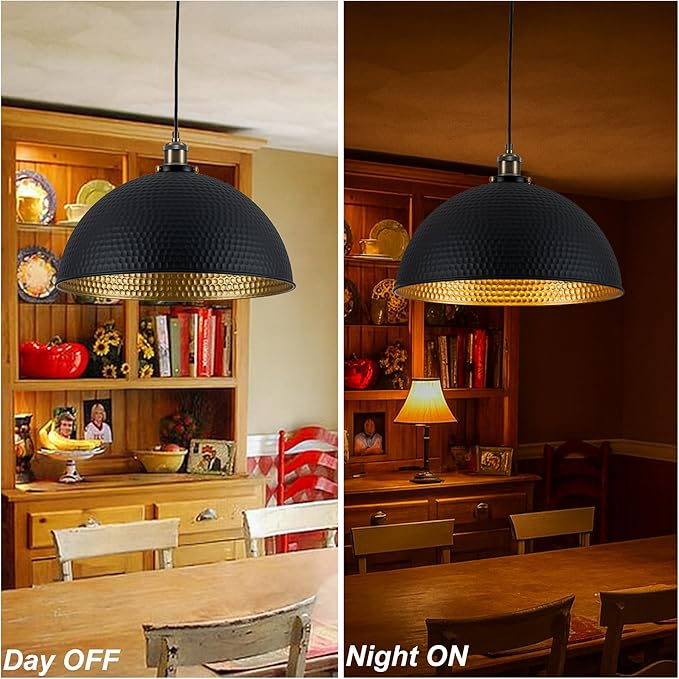 Industrial Large Black Gold Pendant Lights 2-Pack Vintage 16" Dome Pendant Light Fixtures with Golden Finish Rustic Farmhouse Black Pendant Lights for Kitchen Island, Dining Room, Bedroom