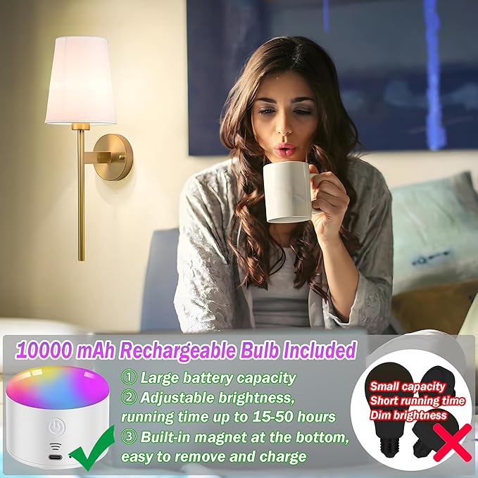 Battery Operated Wall Sconce with Remote,White Fabric Shade Wall Sconce Set Of 2 Battery Powered Sconces Wall Lighting Indoor Wireless Dimmable Wall Lamp with 3 Color Temp Bulb for Bedroom Living Room