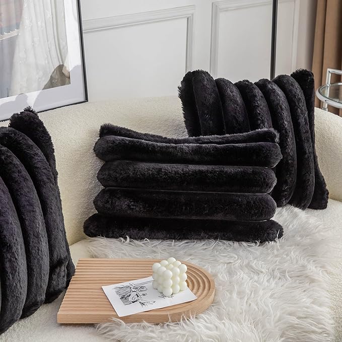 Neelvin Black Faux Fur Cozy Soft Striped Decorative Throw Pillow Covers 20x20 inch Set of 2,Velvet Pillowcase Cushion Case for Sofa Couch