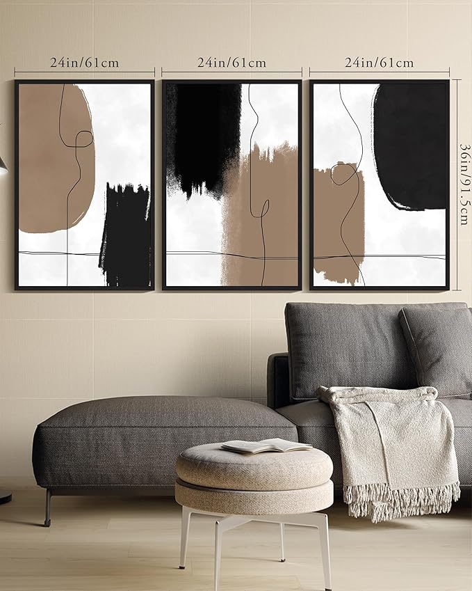 KUVIOKE Neutral Abstract Framed Wall Art Beige Mid Century Textured Wall Decor Minimalist Line Modern Illustrations Art Print Home Decor 24x36in (Black Framed)