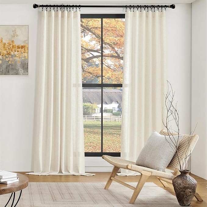 MIUCO Linen Curtains, 72 Inches Long for Bedroom & Living Room, Light Filtering Boho Drapes, Rod Pocket & Back Tab, 2 Tiebacks, 2 Panels Natural