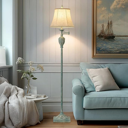 Traditional LED Floor Lamp with 350° Adjustable Swing Arm Lamp – Vintage Standing Pole lamp for Living Room, Bedroom and Office – Rustic Upright Floor Light for Home Décor with Faux Silk Fabric Shade