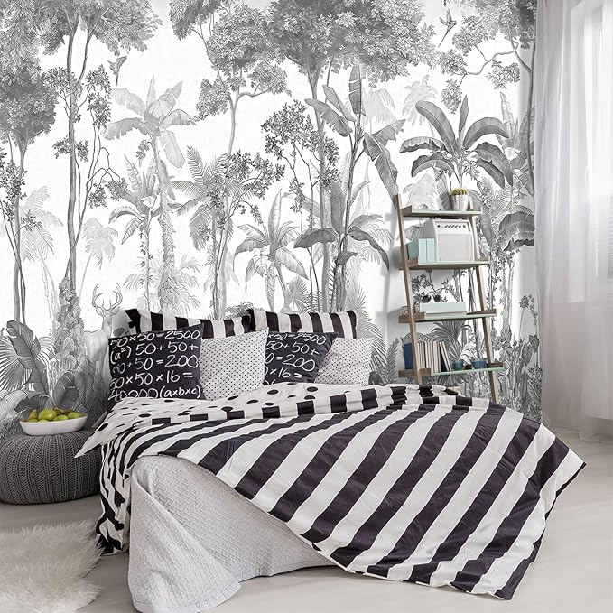 -Grey Jungle Botanical Animal Banana Leaf Fabric Wallpaper Living Room Tropical Plant Forest Leaf Wallpaper Bedroom Bathroom Large Wall Mural- 137"x96"（ not Peel and Stick）