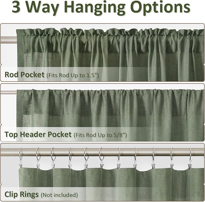 Guken Olive Green Linen Curtains 90 Inch Length for Living Room Bedroom 2 Panels Set Rod Pocket Light Filtering Semi Sheer Window Curtains 52 Inch Width Boho Farmhouse Linen Drapes, W52xL90