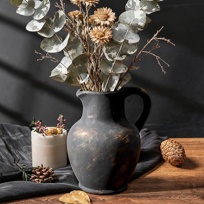 Ceramic Rustic Farmhouse Vase with Handle, Terracotta Vase, Minimalist Decorative Vases for Home Decor, Table, Living Room, Shelf, Christmas Decoration(Bronze)