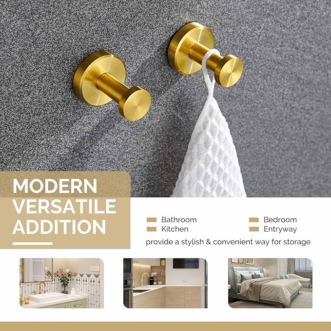 Angle Simple Towel Hooks, SUS 304 Stainless Steel Coat Robe Wall Hooks, Bathroom Hand Towel Hanger, Brushed Gold, 2 Pack