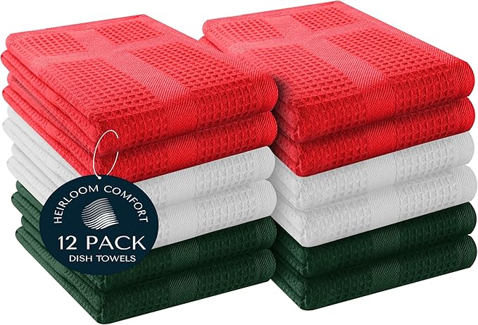 12 Pack Multi Color Waffle Weave Kitchen Towels, 16x26 Inch, 100% Cotton, Super Absorbent, Quick Dry, Hand Towels for Drying Dishes, Cleaning, Durable - Red, White, Forest Green