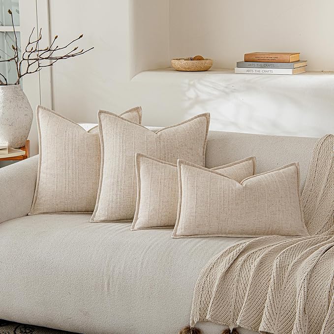 a moment Linen Pillow Covers Set of 2,Boho Farmhouse Throw Pillowcases Neutral Textured Decorative Covers for Couch Sofa Bed, Soft Linen Blend Accent Case Cushion Living Room Home Decor 18"x18"Ivory