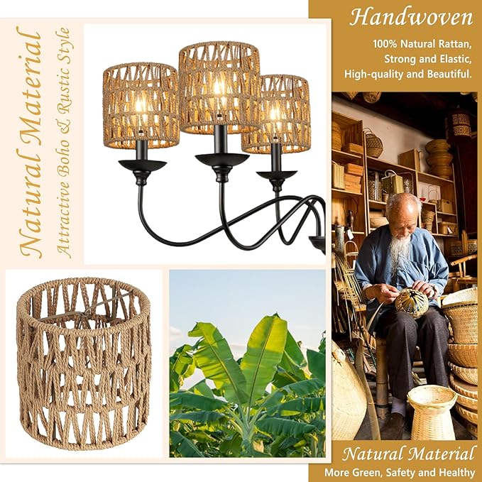 5.0 x 5.0in Chandelier Shades Set of 6, Small Rattan Lamp Shades Clip on Bulb, Boho Lamp Shades Replacement, Mini Cylinder Woven Lampshade, Clip on Lamp Shade for Floor Lamp Pendant Light Wall Sconces